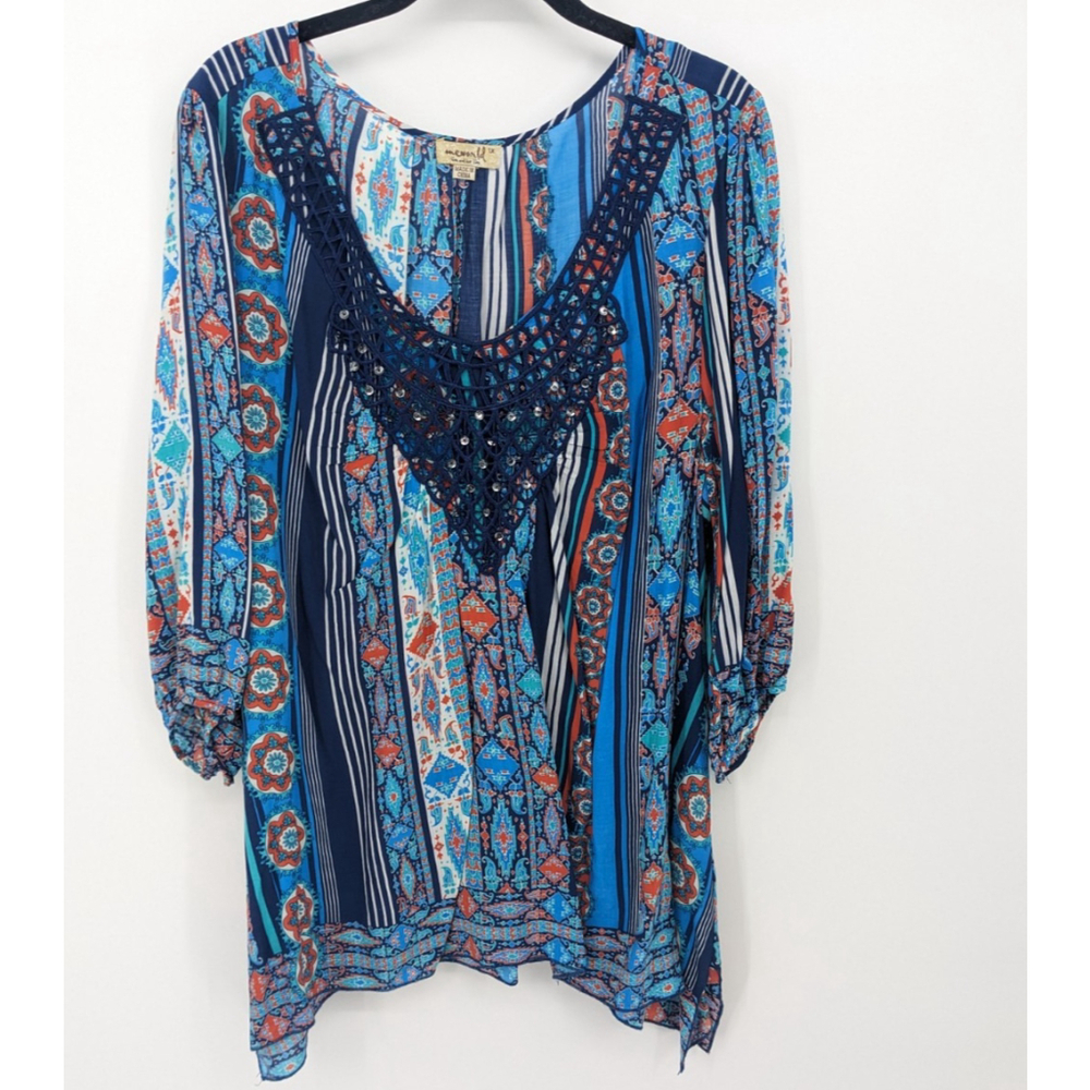 One World Top Womens XL Blue‎ Boho Art To Wear Embellished Artsy Tunic Blouse